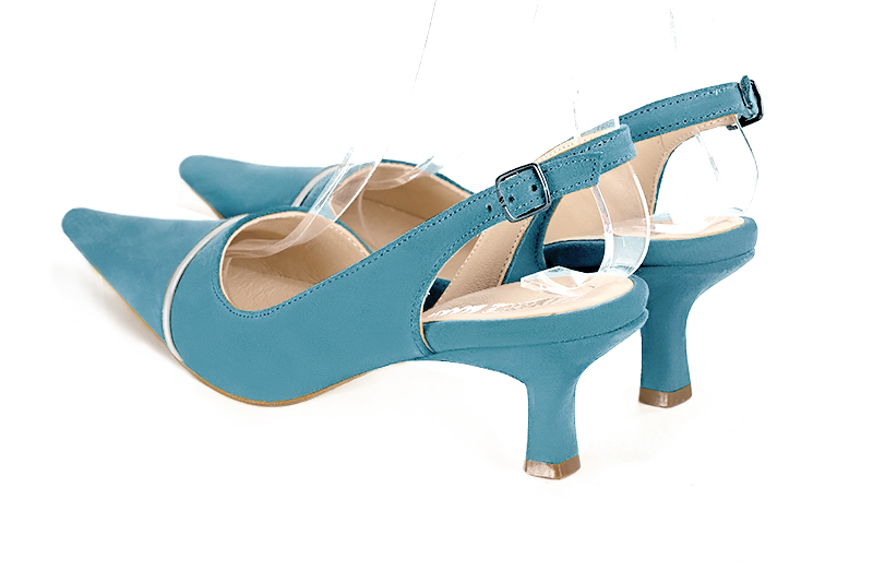 Peacock blue and light silver women's slingback shoes. Pointed toe. Medium spool heels. Rear view - Florence KOOIJMAN